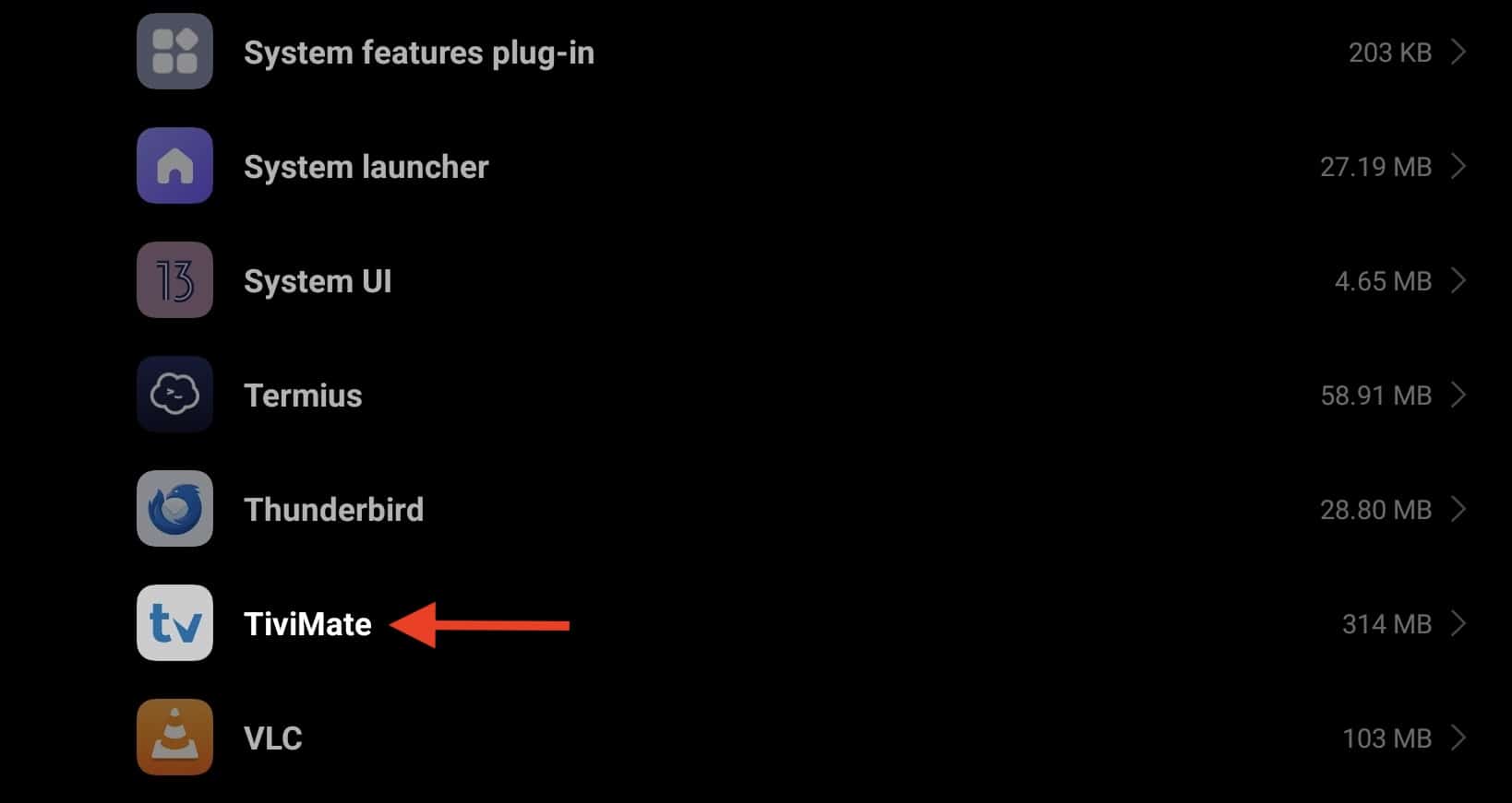 choosing tivimate from the list of applications