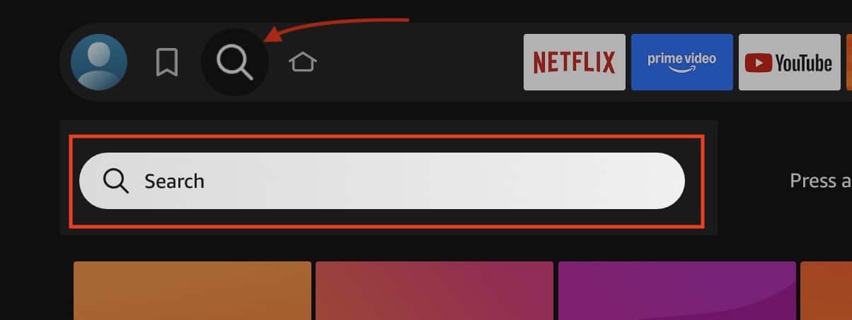 fire stick dashboard with search field highlighted