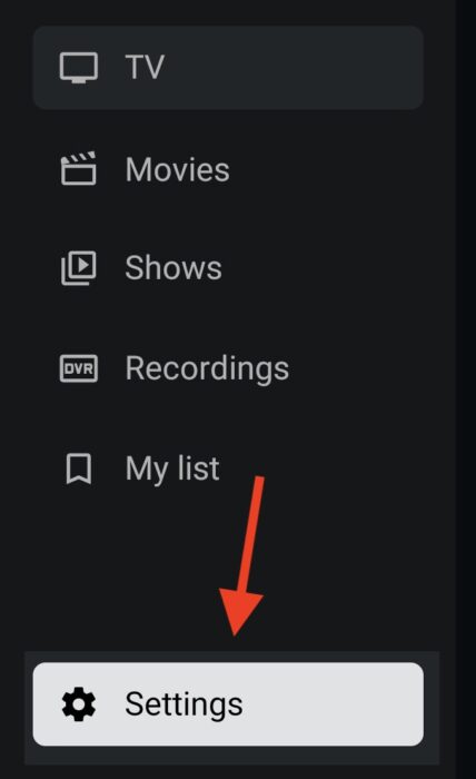 clicking settings icon from the left menu column on tivimate iptv player application