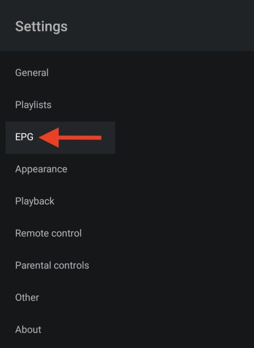 choosing epg section from settings page