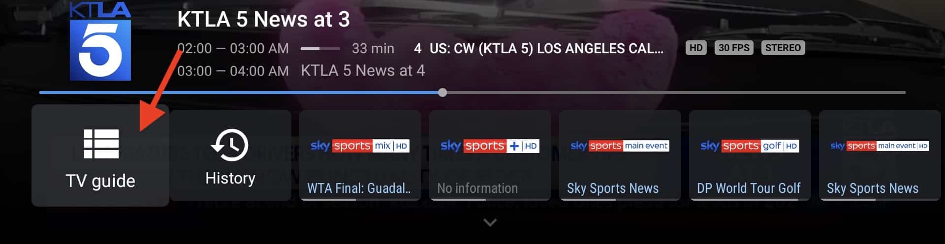 click tv guide from live channel bottom toolbar