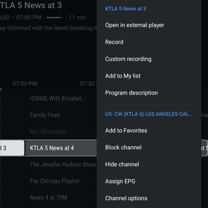 first section of live tv channel options