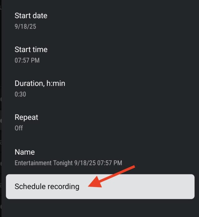 setting up an scheduled recording on tivimate