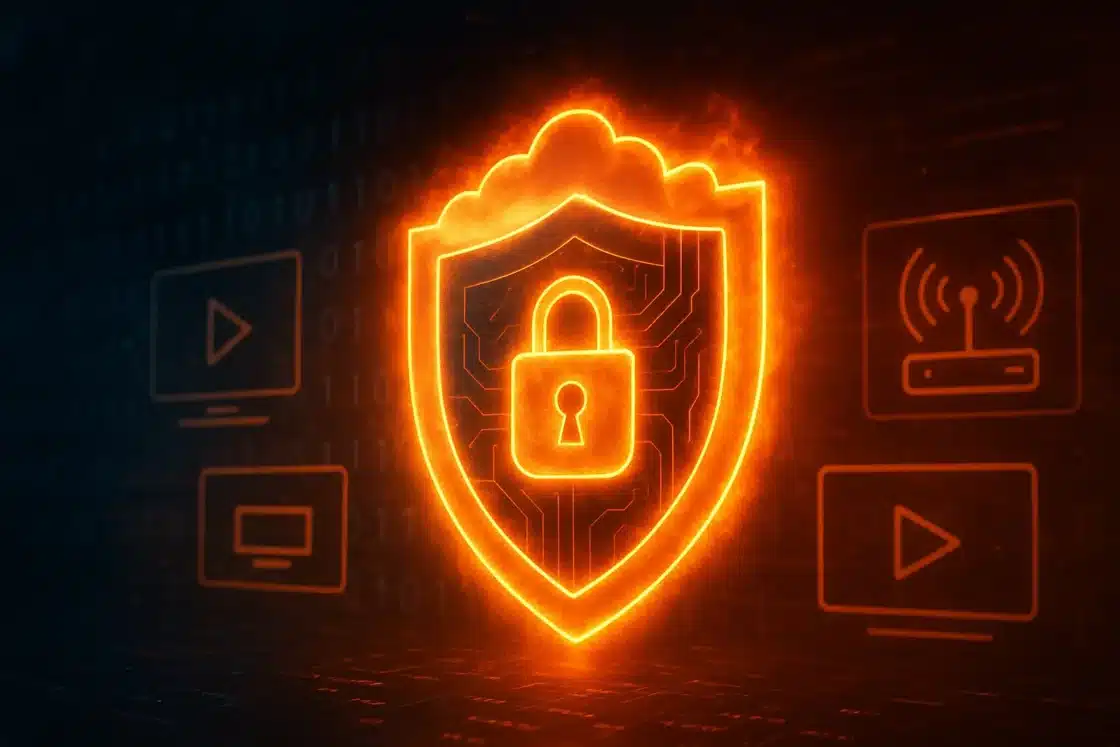 A glowing digital shield with an orange aura and padlock symbol, blocking streaming icons to represent Cloudflare restricting IPTV providers.