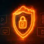 A glowing digital shield with an orange aura and padlock symbol, blocking streaming icons to represent Cloudflare restricting IPTV providers.