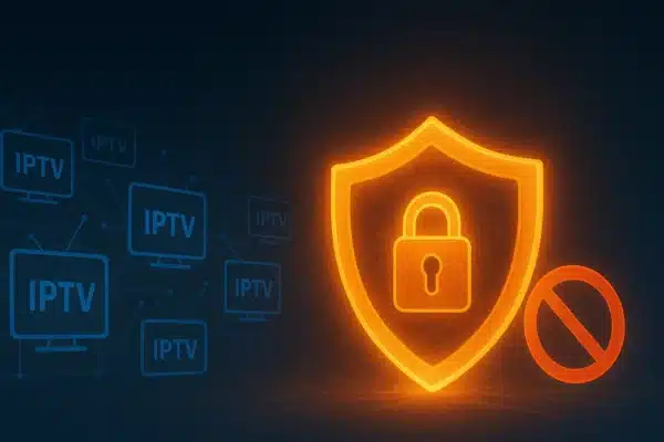 A glowing orange shield with a padlock symbol and a prohibition sign, blocking interconnected IPTV screen icons on a dark digital background.