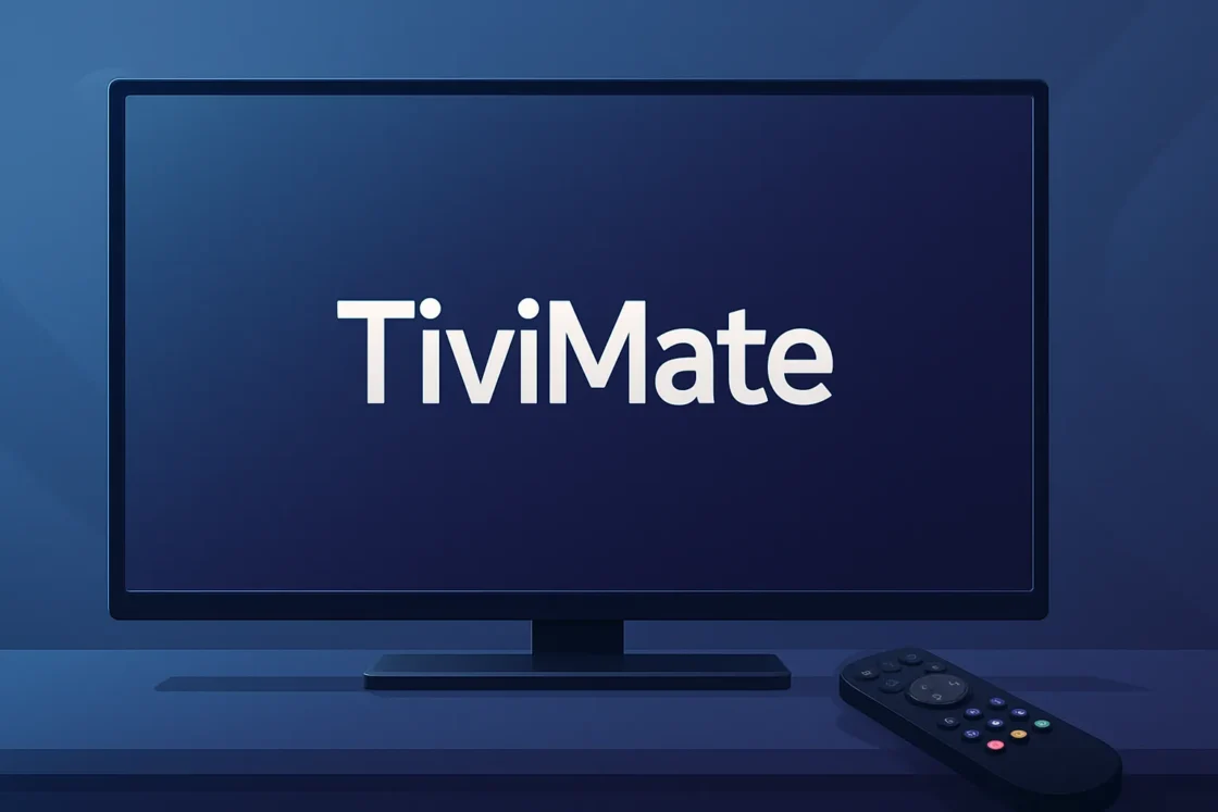 Wide digital illustration of a modern flat-screen TV with the word TiviMate displayed on the screen, set on a sleek dark stand with a black remote in front, against a blue gradient background.