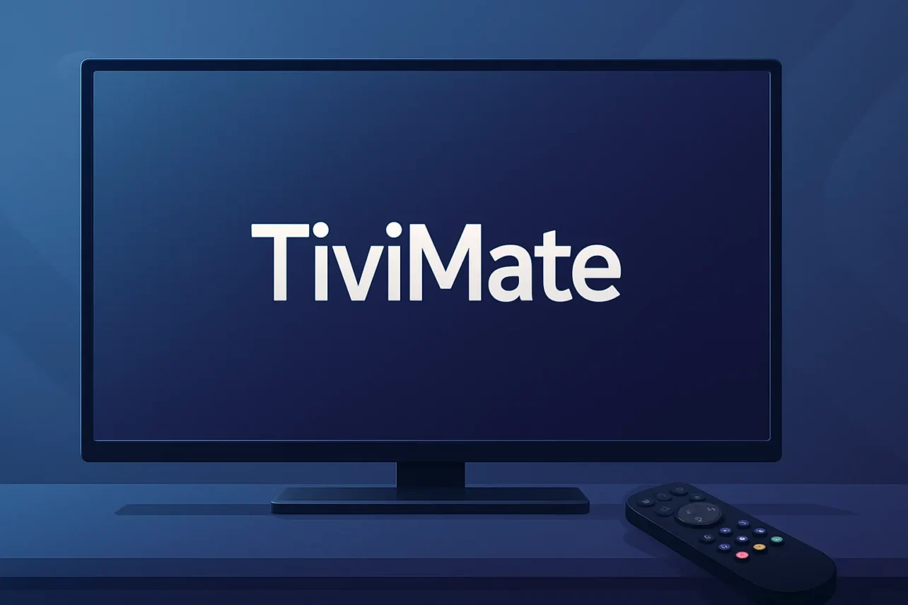 Wide digital illustration of a modern flat-screen TV with the word TiviMate displayed on the screen, set on a sleek dark stand with a black remote in front, against a blue gradient background.