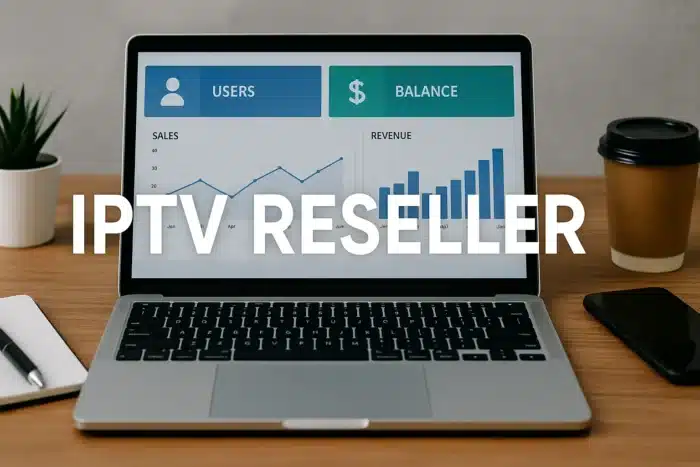 Laptop displaying IPTV reseller dashboard with charts and analytics, representing IPTV business management and performance tracking.