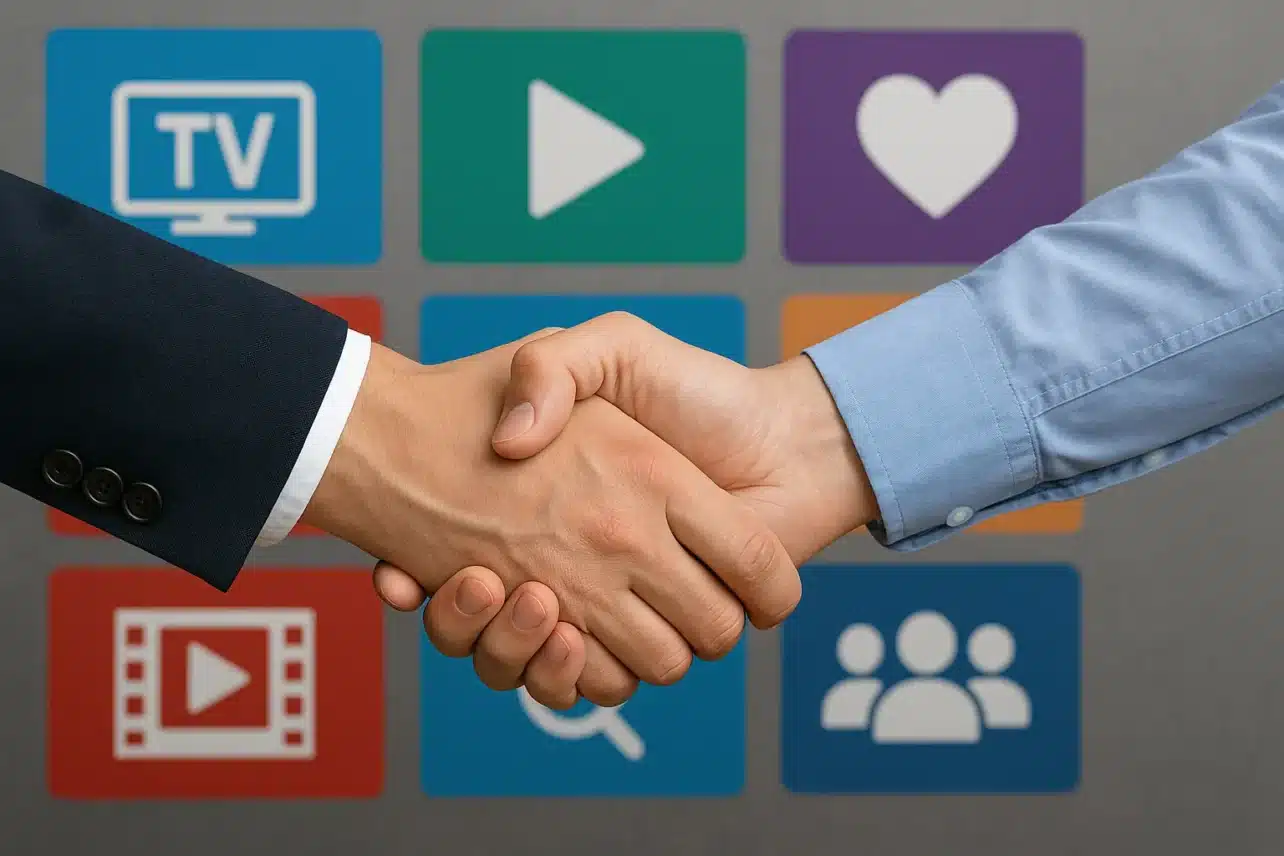 Two people shaking hands in front of digital TV app icons, symbolizing IPTV reseller business partnership and streaming collaboration.