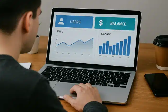 Person managing IPTV reseller panel on a computer screen with charts and balance analytics in a modern office setup.