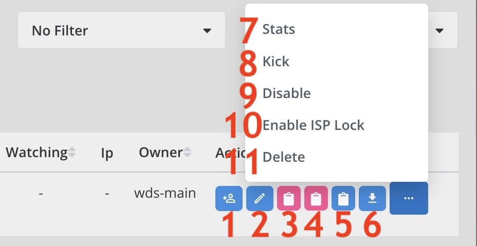 action buttons of an account row on reseller panel.
