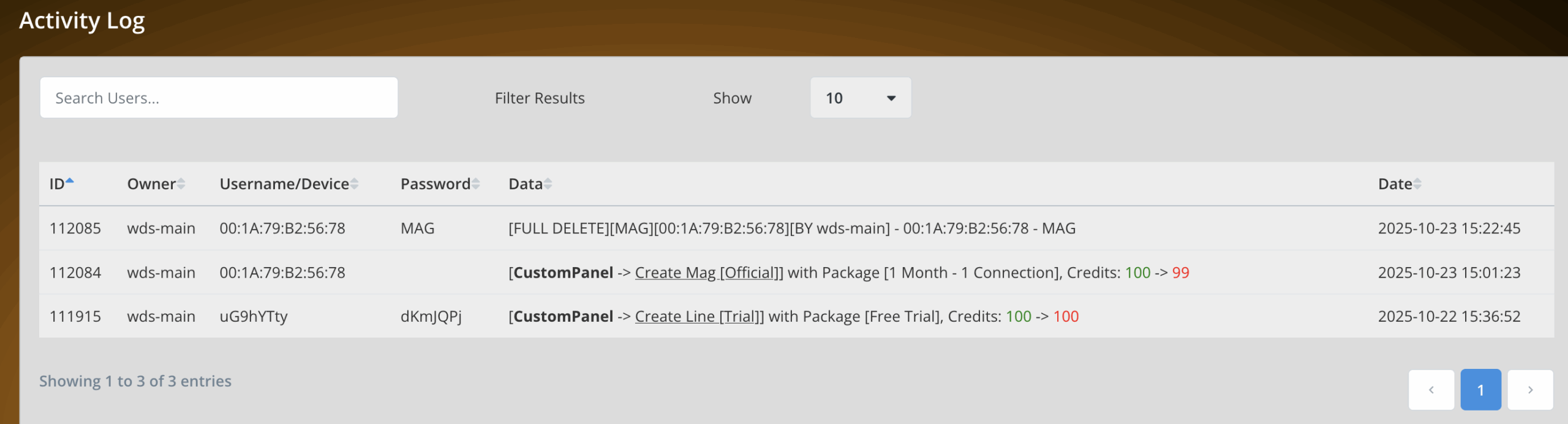 activity log section in the iptv reseller panel