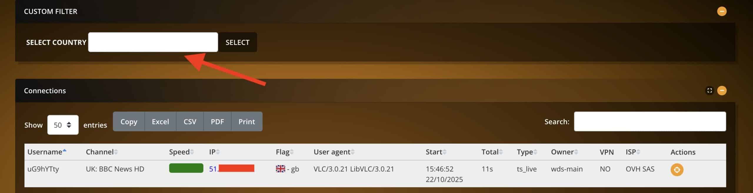 connection overview page on reseller panel showing all the live details of the client who is watching a channel.