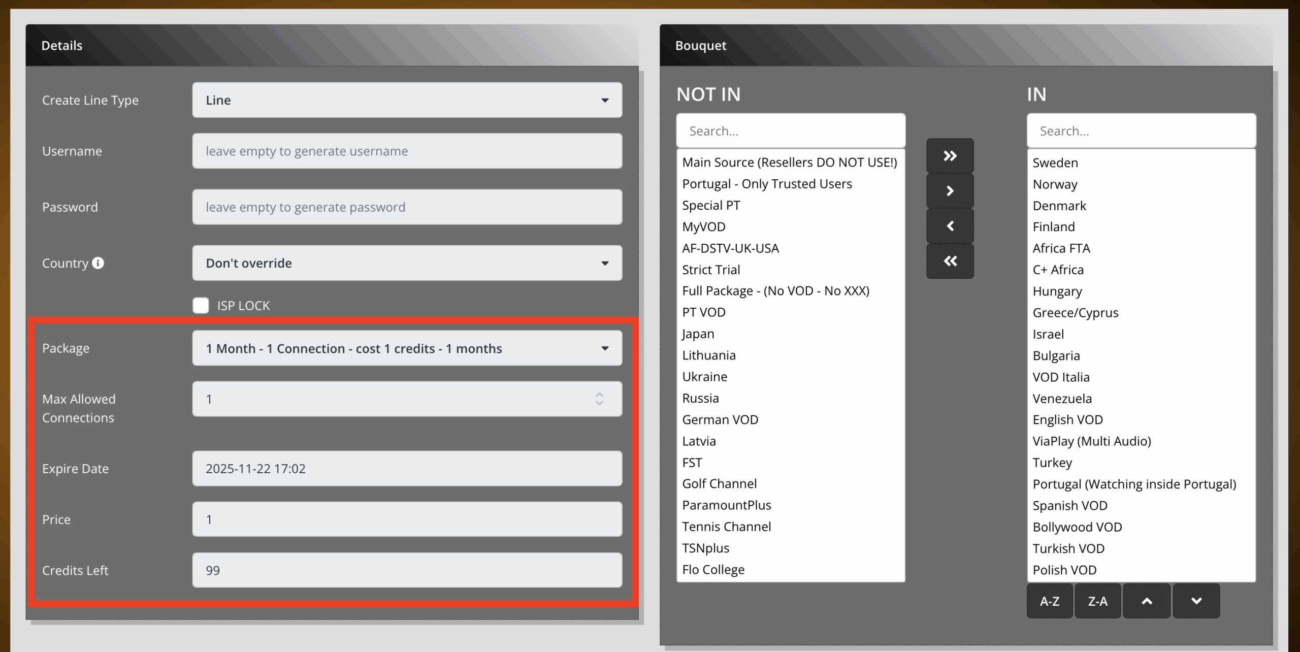 final editing of the details of the iptv account creating on iptv reseller panel.