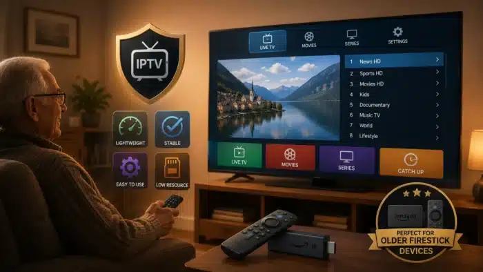 Wide cozy living room illustration showing a lightweight IPTV app running smoothly on an older Firestick device, highlighting stability, simple navigation, low resource usage, and comfortable long-term streaming performance.