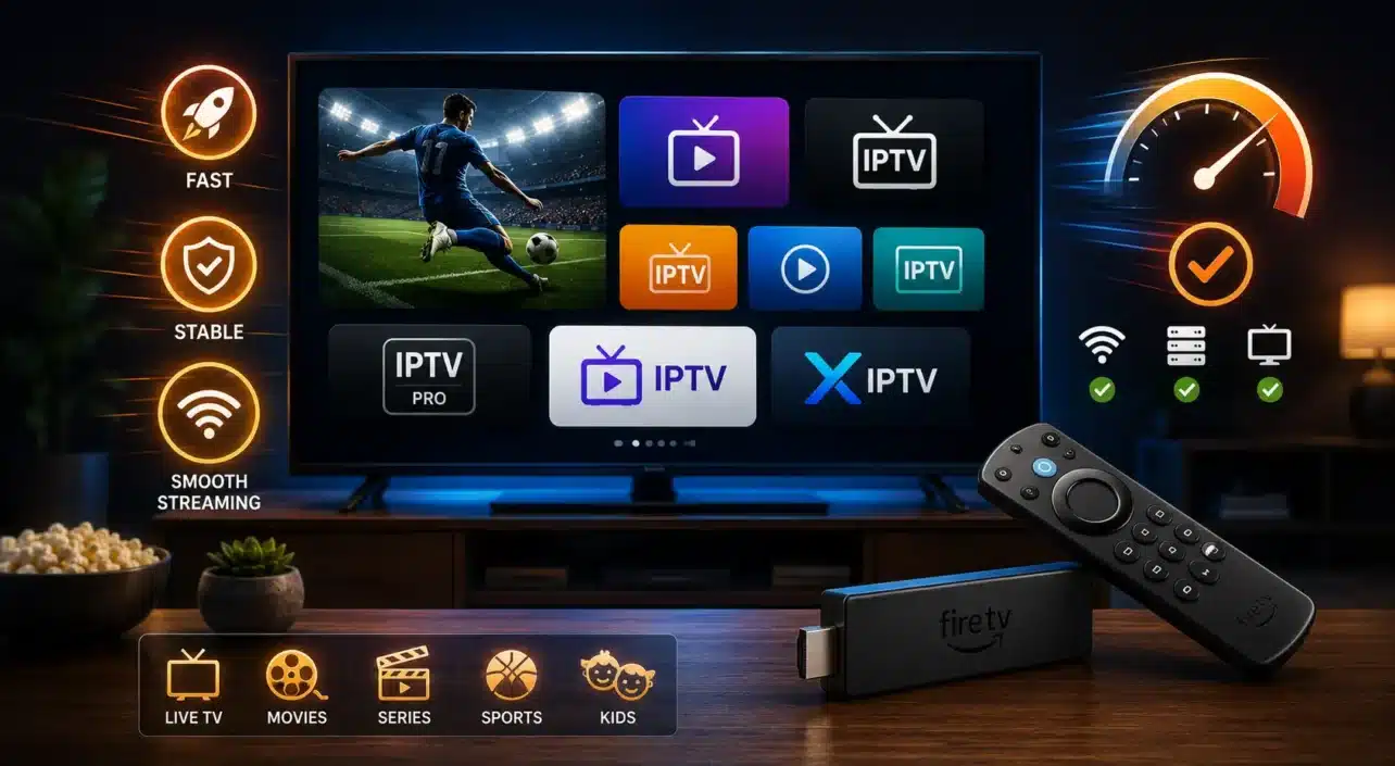 Wide cinematic illustration showing a premium Firestick streaming setup with fast and stable IPTV apps, smooth sports playback, colorful streaming dashboards, and optimized home entertainment performance.