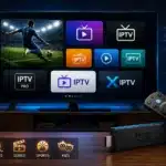 Wide cinematic illustration showing a premium Firestick streaming setup with fast and stable IPTV apps, smooth sports playback, colorful streaming dashboards, and optimized home entertainment performance.
