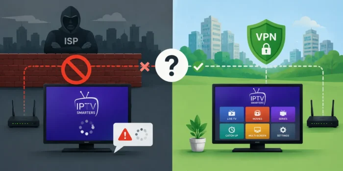 Wide split-scene infographic illustration comparing ISP-blocked IPTV access versus VPN-protected streaming, showing network restrictions, firewall barriers, and restored IPTV Smarters connectivity through secure internet routing.