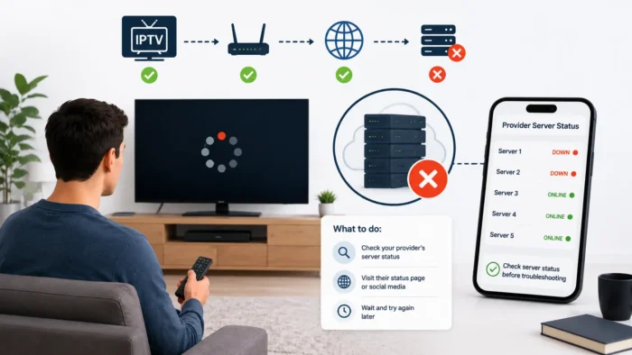 Wide clean infographic illustration showing a user checking IPTV provider server outages through server status monitoring, connection flow diagrams, and troubleshooting guidance in a modern minimalist living room setup.