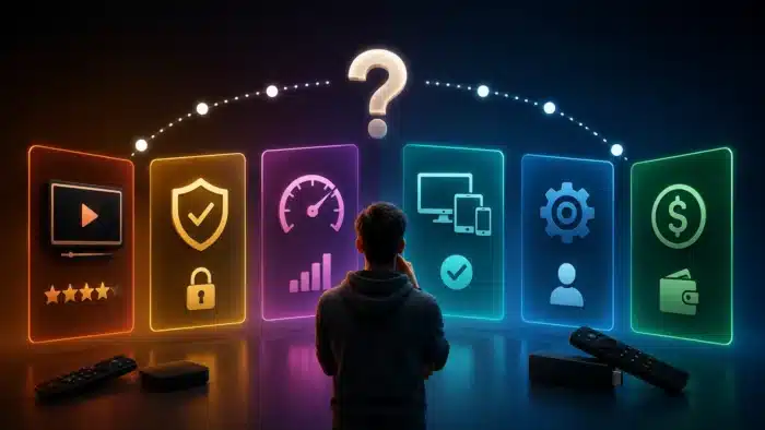 Wide futuristic decision-themed illustration showing a user comparing different IPTV app features including speed, security, compatibility, customization, and pricing through glowing interactive panels in a modern digital environment.
