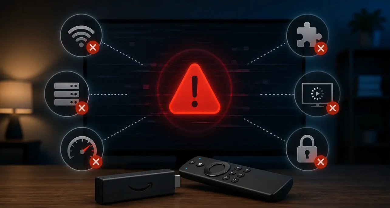 A visual representation of common IPTV errors on Firestick showing warning symbols, buffering issues, server problems, and connection failures displayed on a TV screen with streaming device and remote.