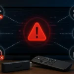 A visual representation of common IPTV errors on Firestick showing warning symbols, buffering issues, server problems, and connection failures displayed on a TV screen with streaming device and remote.