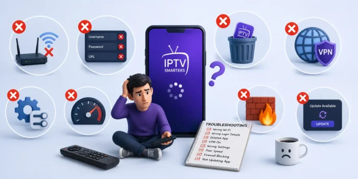 Wide 3D infographic illustration showing common IPTV Smarters troubleshooting mistakes including wrong login details, weak Wi-Fi, outdated apps, VPN conflicts, firewall blocks, and accidental app deletion in a playful tech-themed scene.
