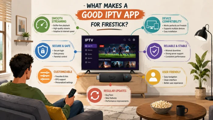 Wide illustrated infographic showing the key qualities of a good IPTV app for Firestick including smooth streaming, secure access, customization, stability, device compatibility, and user-friendly navigation in a modern living room setup.