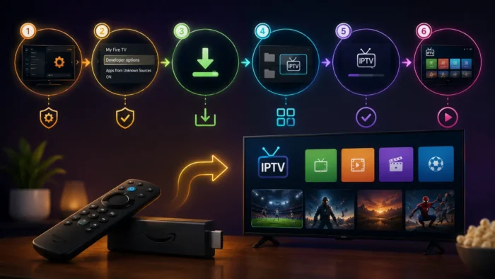 Wide neon-style infographic illustration showing the step-by-step process of installing IPTV apps on Firestick, including settings setup, downloads, app installation, and streaming activation in a modern tech-inspired environment.