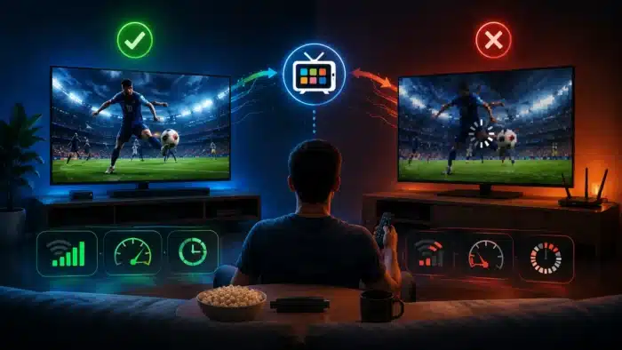 Wide split-scene illustration comparing smooth high-quality IPTV streaming with buffering and pixelated playback, showing how different IPTV apps can impact video quality, stability, and overall streaming performance.