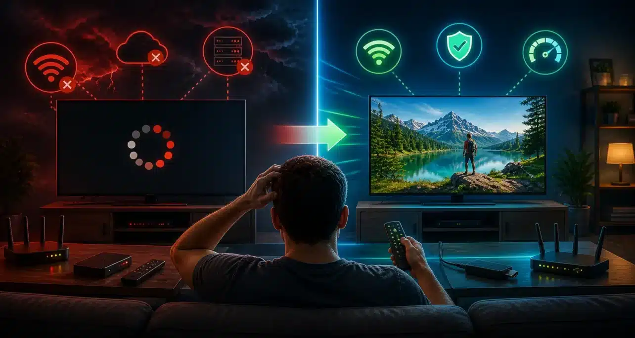 A split-scene illustration showing IPTV buffering problems with slow connection and errors on one side, transitioning to smooth high-quality streaming with optimized setup and stable network on the other side.