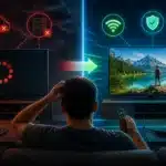 A split-scene illustration showing IPTV buffering problems with slow connection and errors on one side, transitioning to smooth high-quality streaming with optimized setup and stable network on the other side.