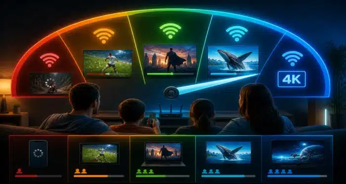 A futuristic illustration showing different internet speed levels affecting IPTV streaming quality, from buffering and low resolution to smooth 4K playback across multiple devices.
