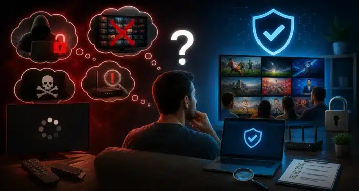 A split-scene illustration showing common misconceptions about IPTV and security risks, contrasting unsafe streaming threats with secure viewing environments and protected devices.