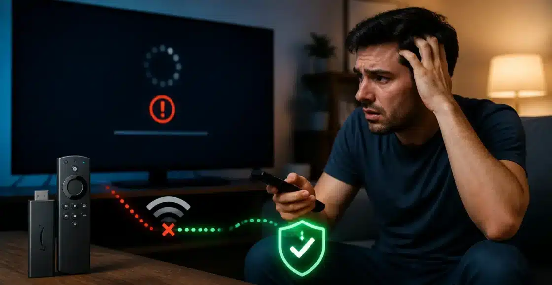 A frustrated user facing streaming issues on a Firestick device with buffering error on TV and WiFi connection problem being resolved, representing IPTV not working and troubleshooting fixes.