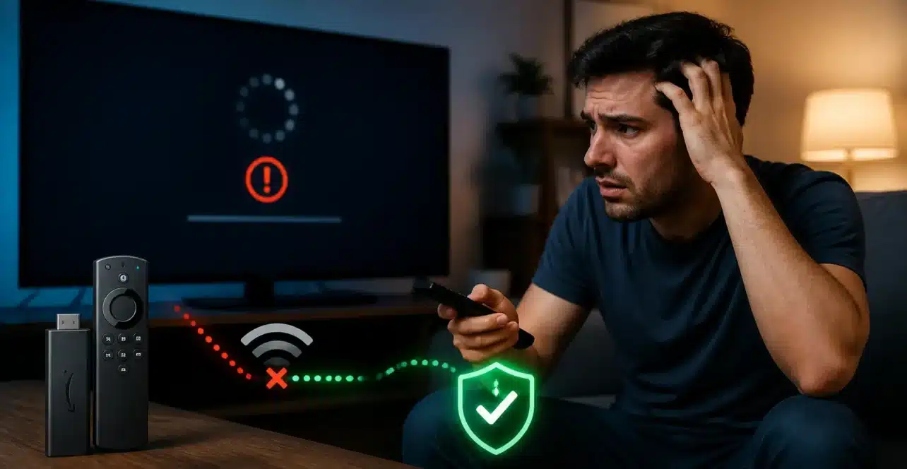 A frustrated user facing streaming issues on a Firestick device with buffering error on TV and WiFi connection problem being resolved, representing IPTV not working and troubleshooting fixes.