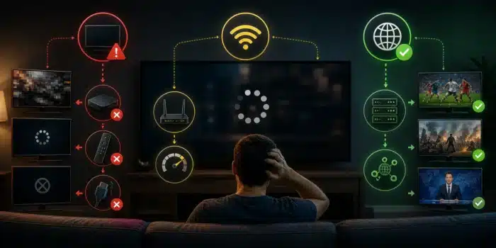 A visual troubleshooting scene showing IPTV issues being analyzed between device problems, internet connection issues, and provider-side performance, helping users identify the root cause of streaming errors.