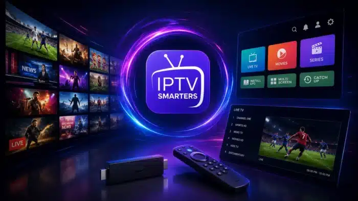 Wide futuristic neon-style illustration showing IPTV Smarters running on Firestick with dynamic streaming dashboards, live TV categories, multi-screen playback, and immersive entertainment content in a high-tech digital environment.