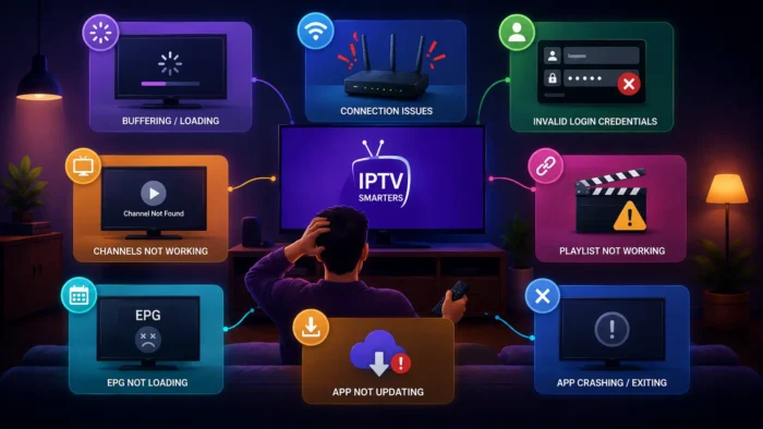 Wide step-by-step troubleshooting illustration showing IPTV Smarters loading issues being fixed through Wi-Fi checks, app settings, login details, cache cleanup, updates, and restored streaming playback.