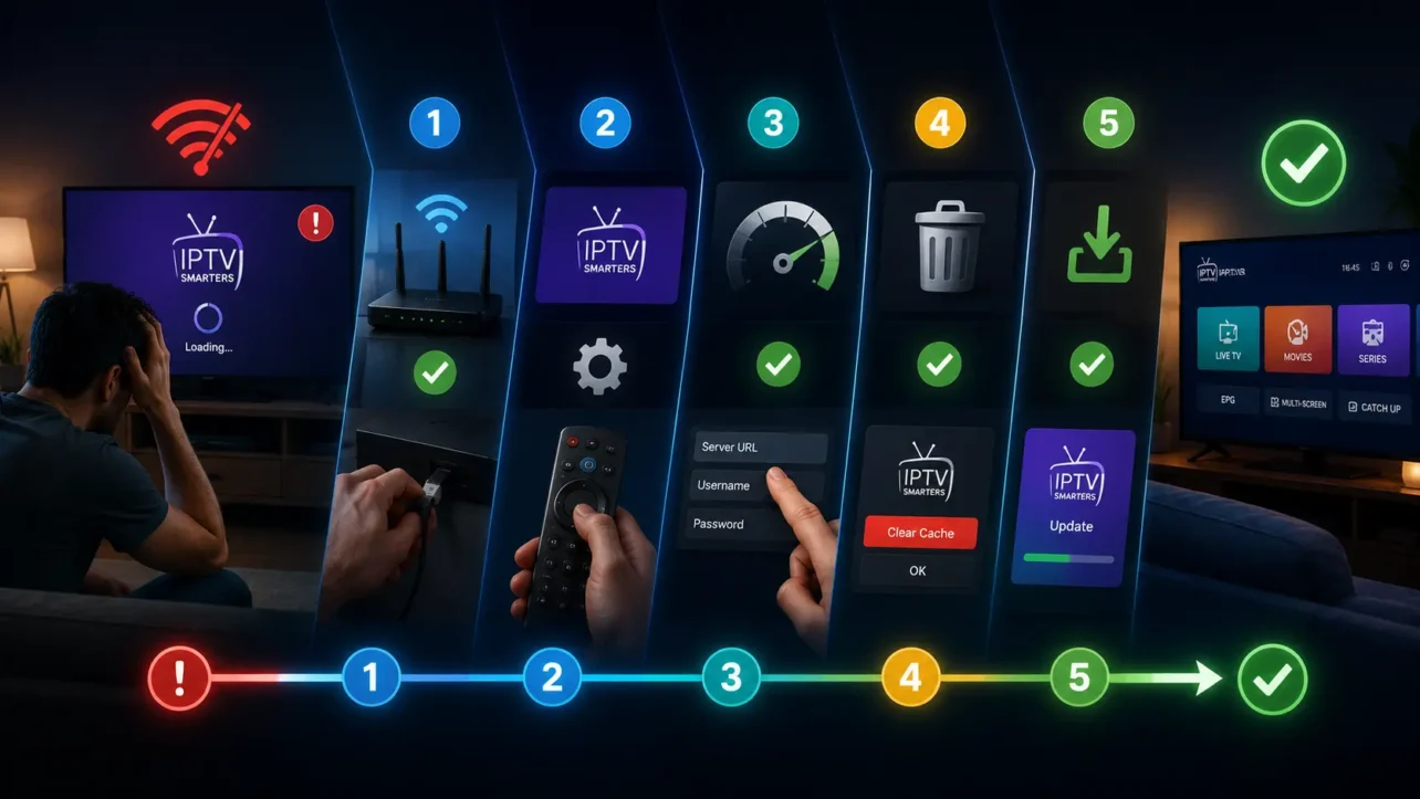 Wide step-by-step troubleshooting illustration showing IPTV Smarters loading issues being fixed through Wi-Fi checks, app settings, login details, cache cleanup, updates, and restored streaming playback.