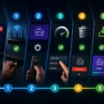 Wide step-by-step troubleshooting illustration showing IPTV Smarters loading issues being fixed through Wi-Fi checks, app settings, login details, cache cleanup, updates, and restored streaming playback.