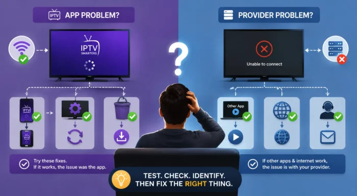 Wide split-screen infographic illustration helping users identify whether IPTV Smarters or the IPTV provider is causing streaming problems by comparing app troubleshooting steps against provider connection failures and service checks.