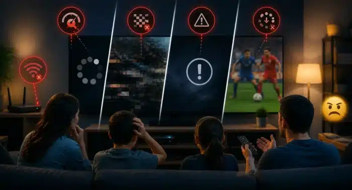 A family watching TV experiencing IPTV issues such as buffering, pixelation, and connection errors, showing common problems users may notice during streaming disruptions.