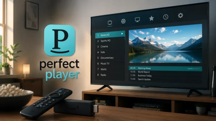 Wide minimalist living room illustration showing Perfect Player running on Firestick with a clean IPTV channel interface, modern media navigation, and a calm home entertainment setup focused on simplicity and organization.