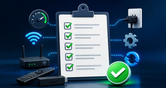 A visual checklist concept showing quick troubleshooting steps for IPTV issues on Firestick, featuring connected devices, WiFi signal, and system fixes in a modern tech environment.