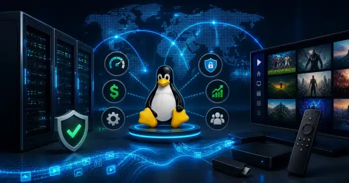 A futuristic data center scene showing IPTV streaming powered by Linux servers, featuring secure infrastructure, global connectivity, and streaming devices connected to high-performance systems.