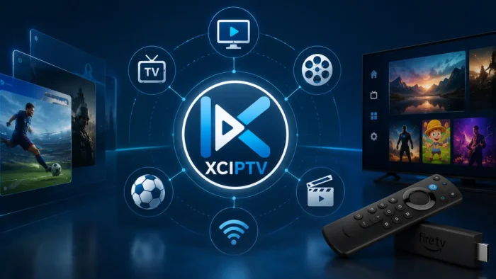 Wide futuristic cyber-style illustration showing XCIPTV as a connected streaming hub with floating entertainment panels, sports content, modern IPTV interfaces, and Firestick integration in a sleek blue neon environment.