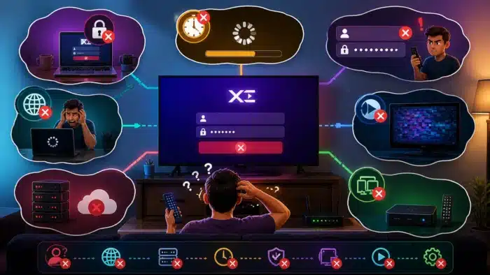 A colorful illustrated scene showing multiple IPTV login and streaming issues around a central screen, highlighting different Xtream Codes errors like buffering, connection failure, and authentication problems.