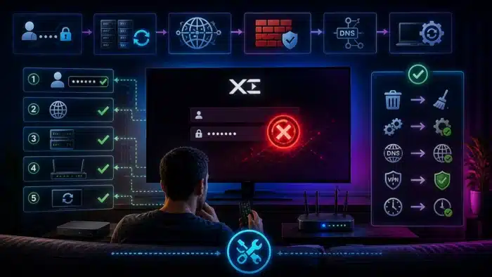 A futuristic troubleshooting scene showing advanced fixes for IPTV login errors, including network adjustments, server refresh, DNS changes, and system optimization to restore access successfully.